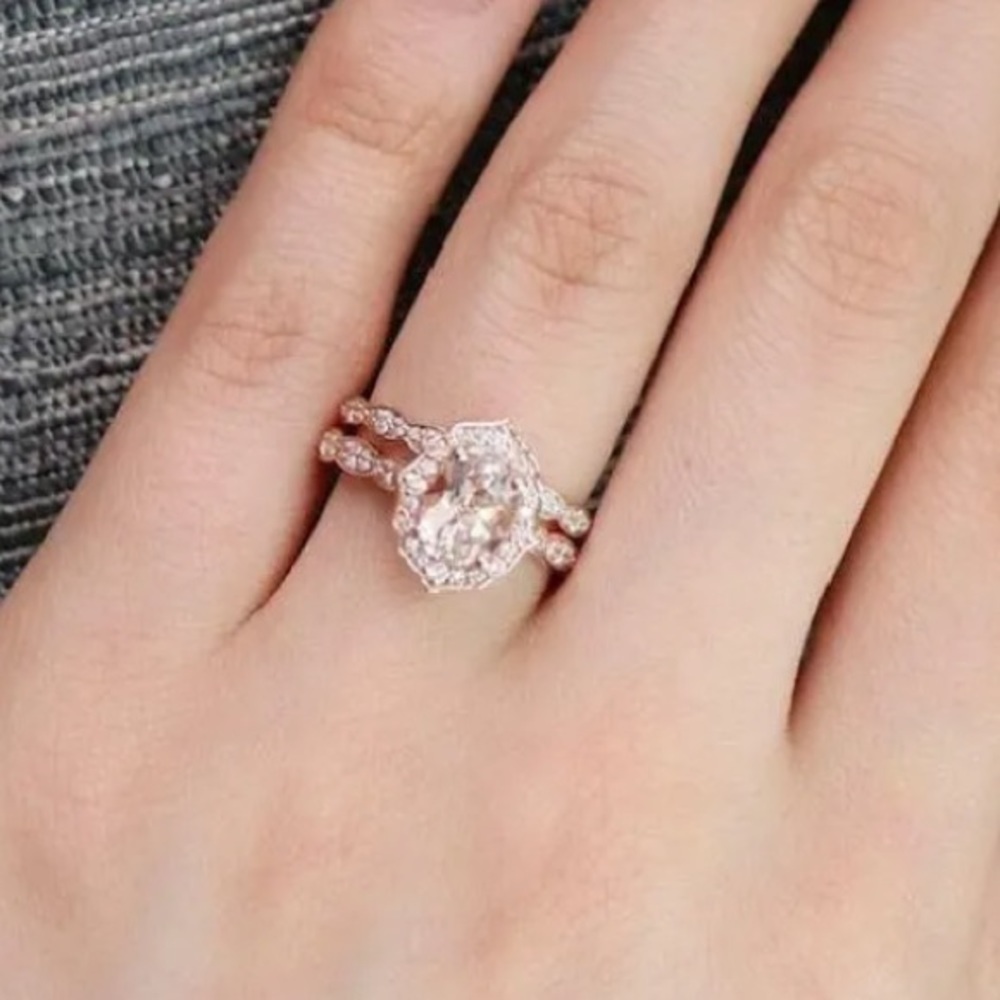 Rose Gold Plated Oval Cubic Zirconia Bridal/Promise Ring Set